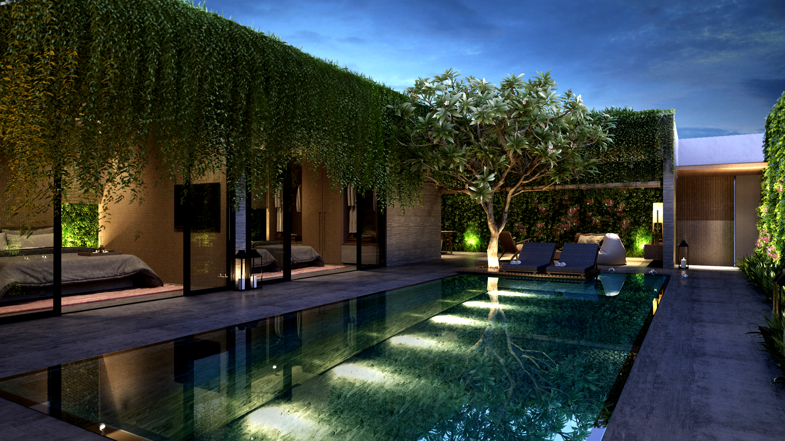 Espace piscine chic architecture moderne verdure