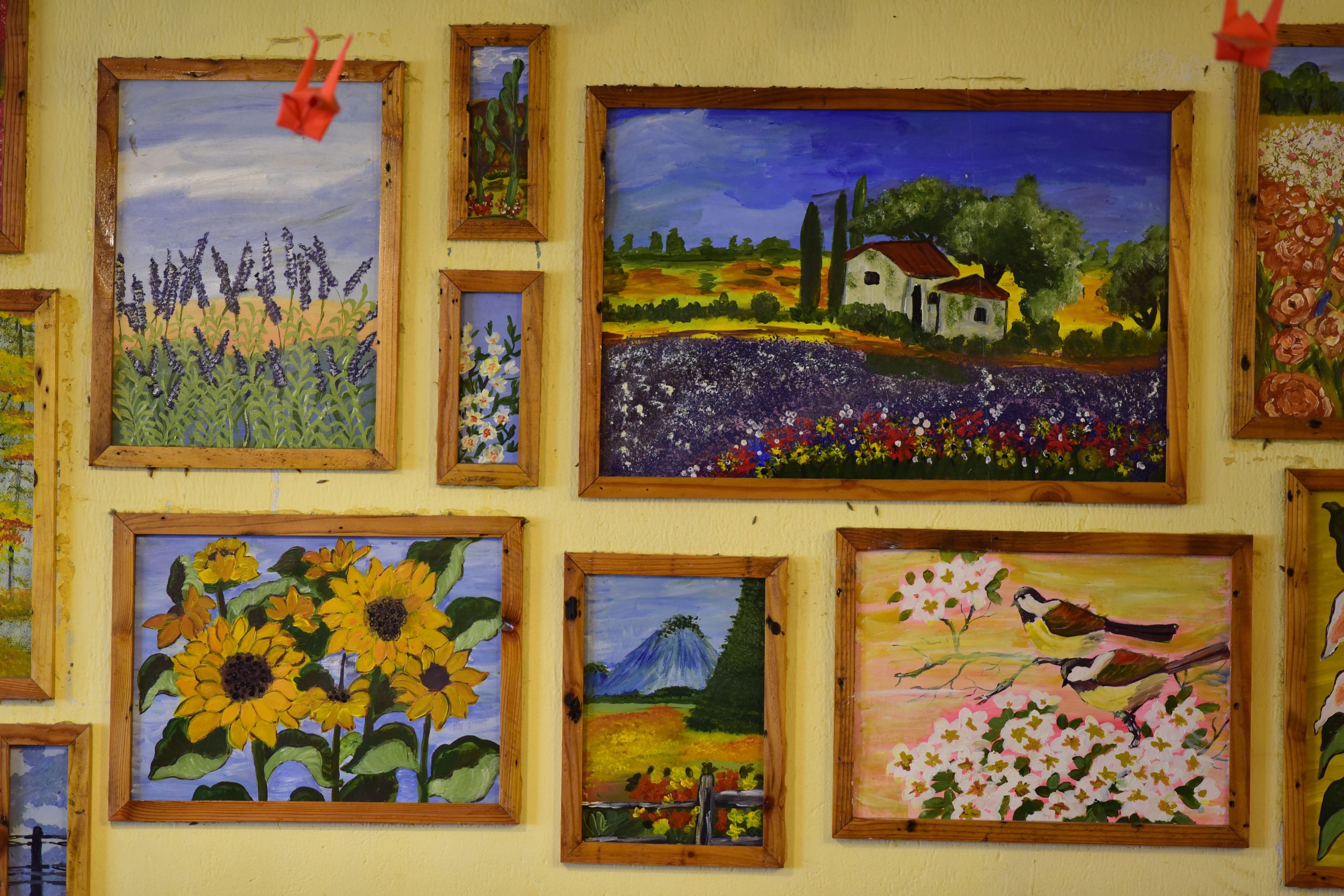 Collection de tableaux encadrés en galerie.