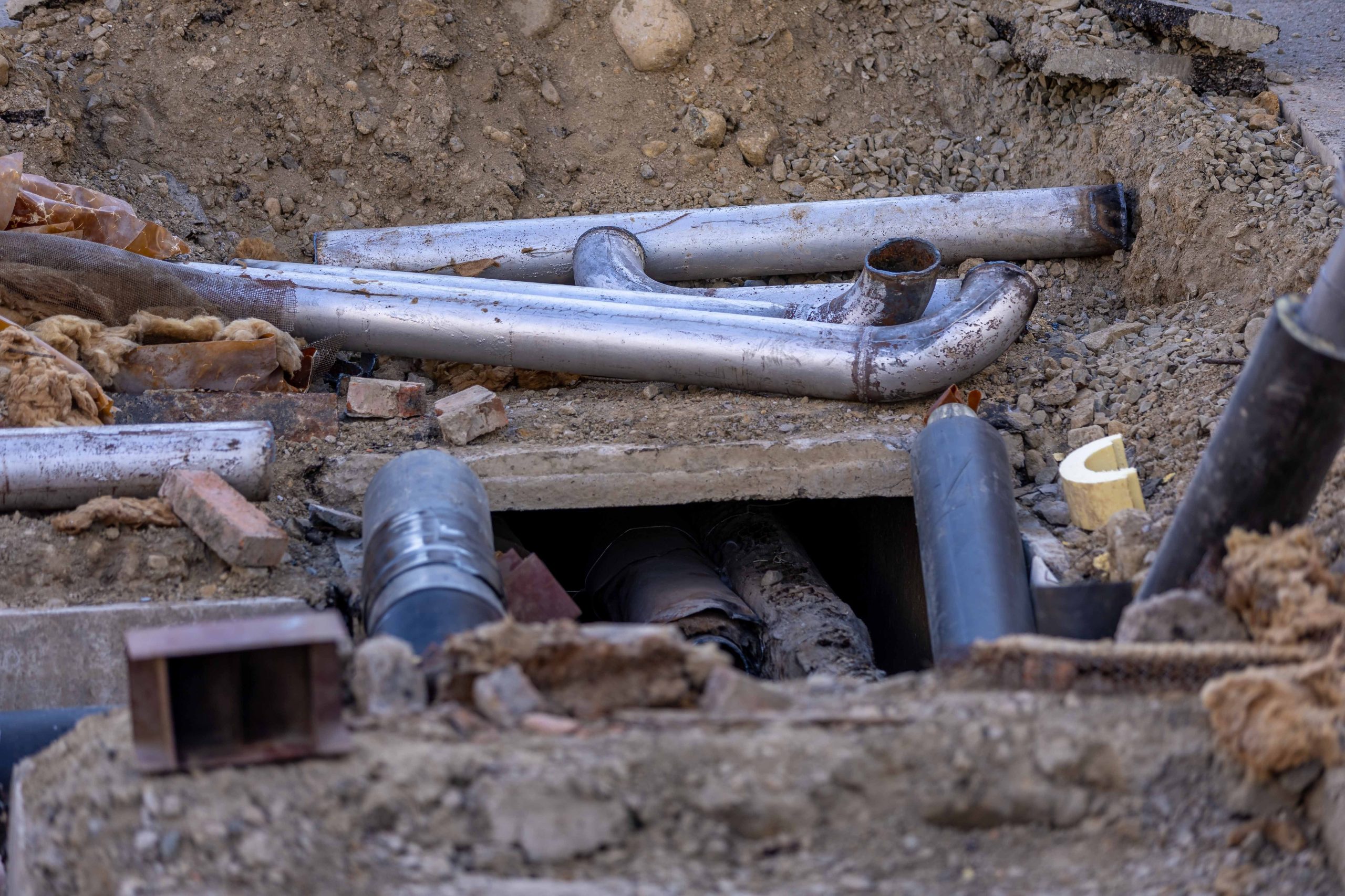 Installation tuyaux urbains sur chantier construction